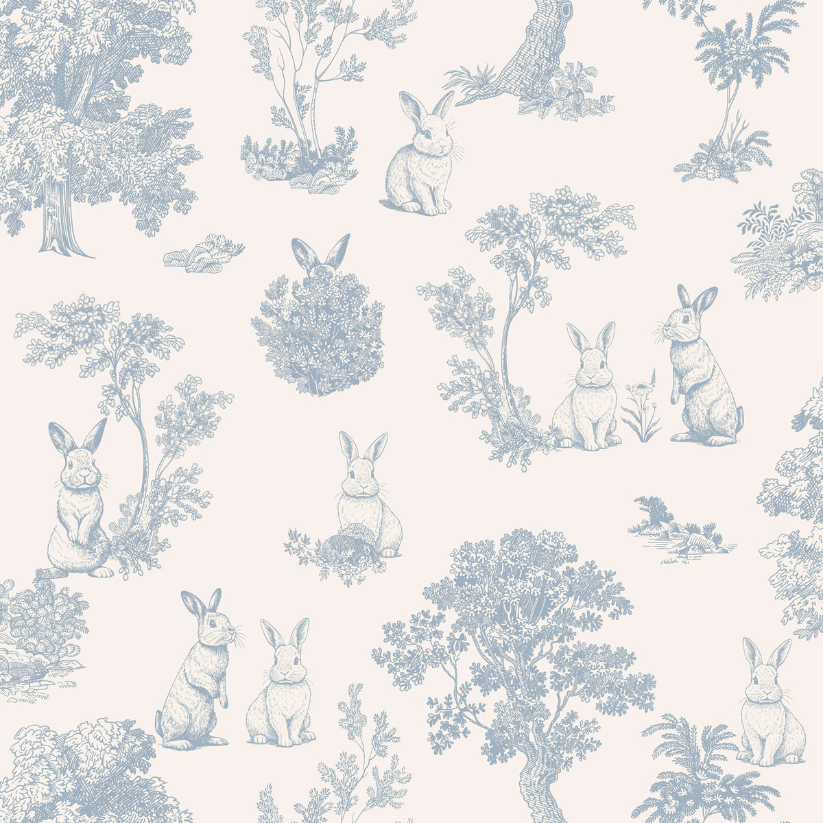 Cottontails Bunny Toile Wallpaper - Blue pattern
