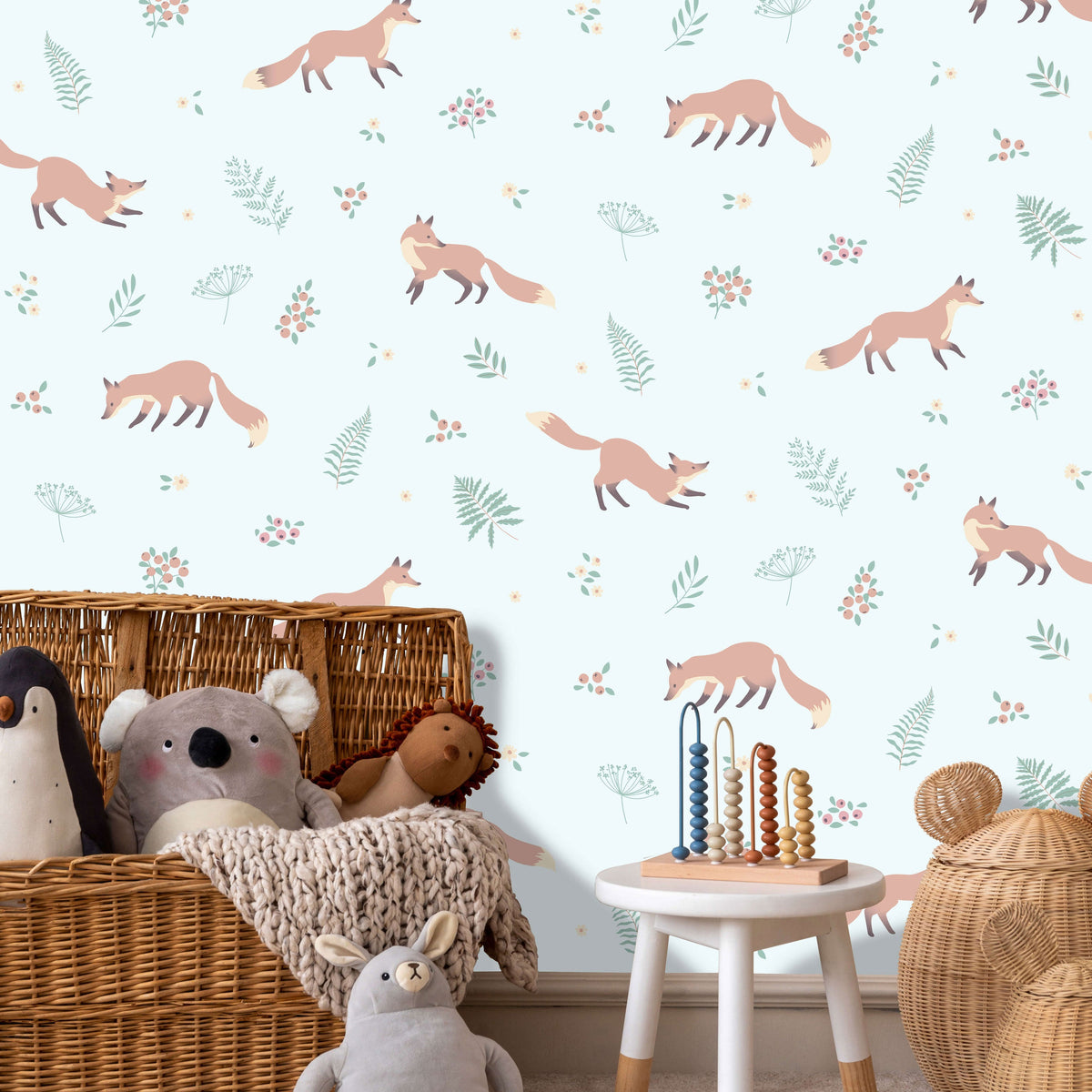 Fox and Fern Wallpaper - Aqua Green room view