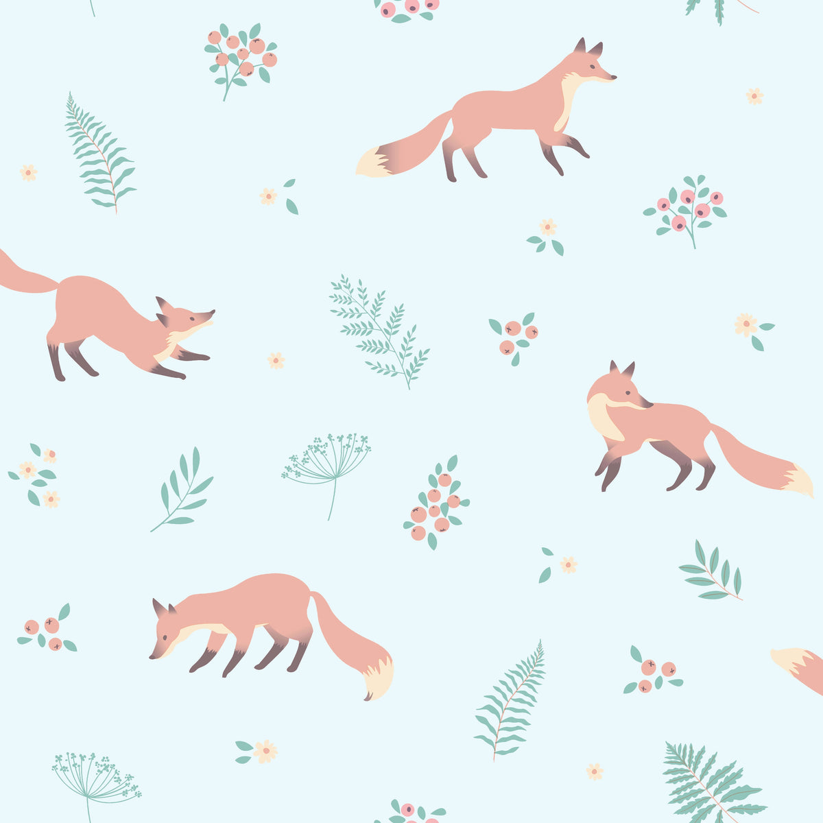 Fox and Fern Wallpaper - Aqua Green pattern