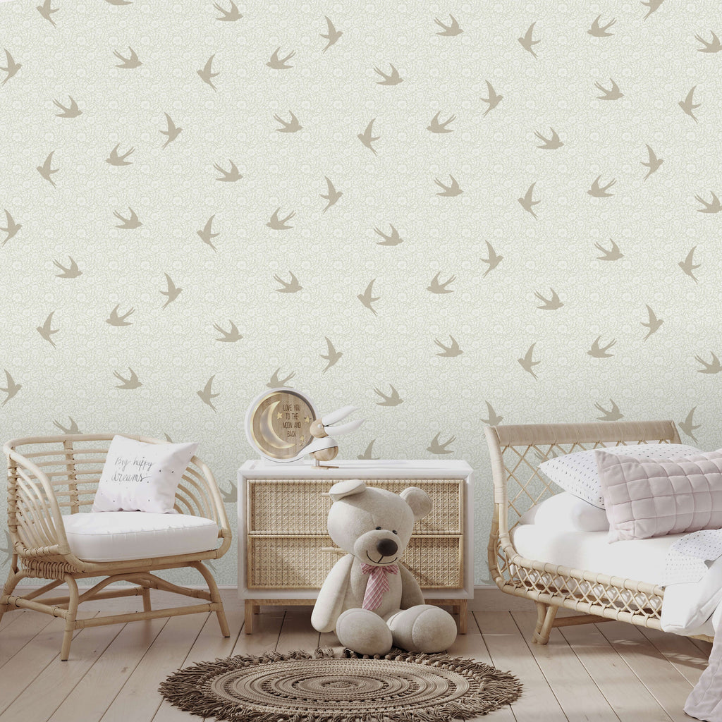 Sparrow Silhouettes Wallpaper - Green room view