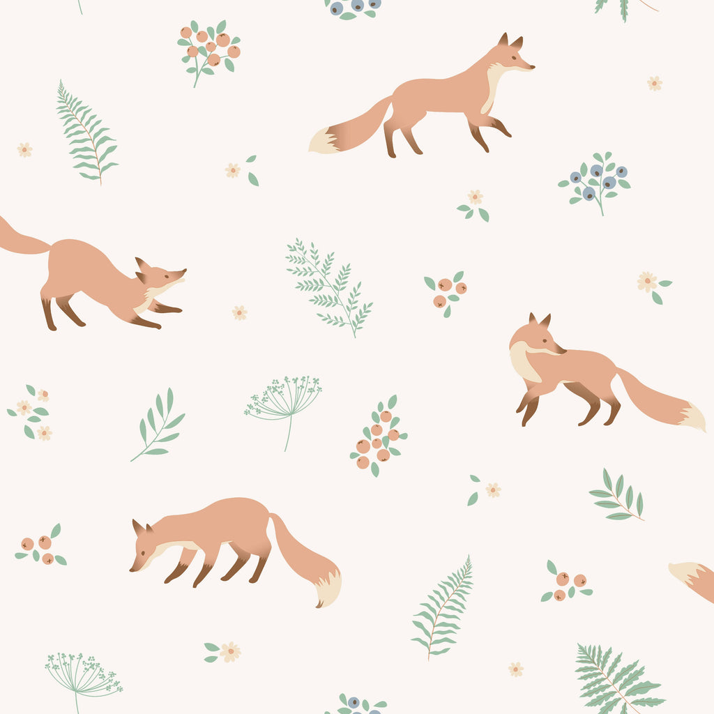 Fox and Fern Wallpaper - White pattern