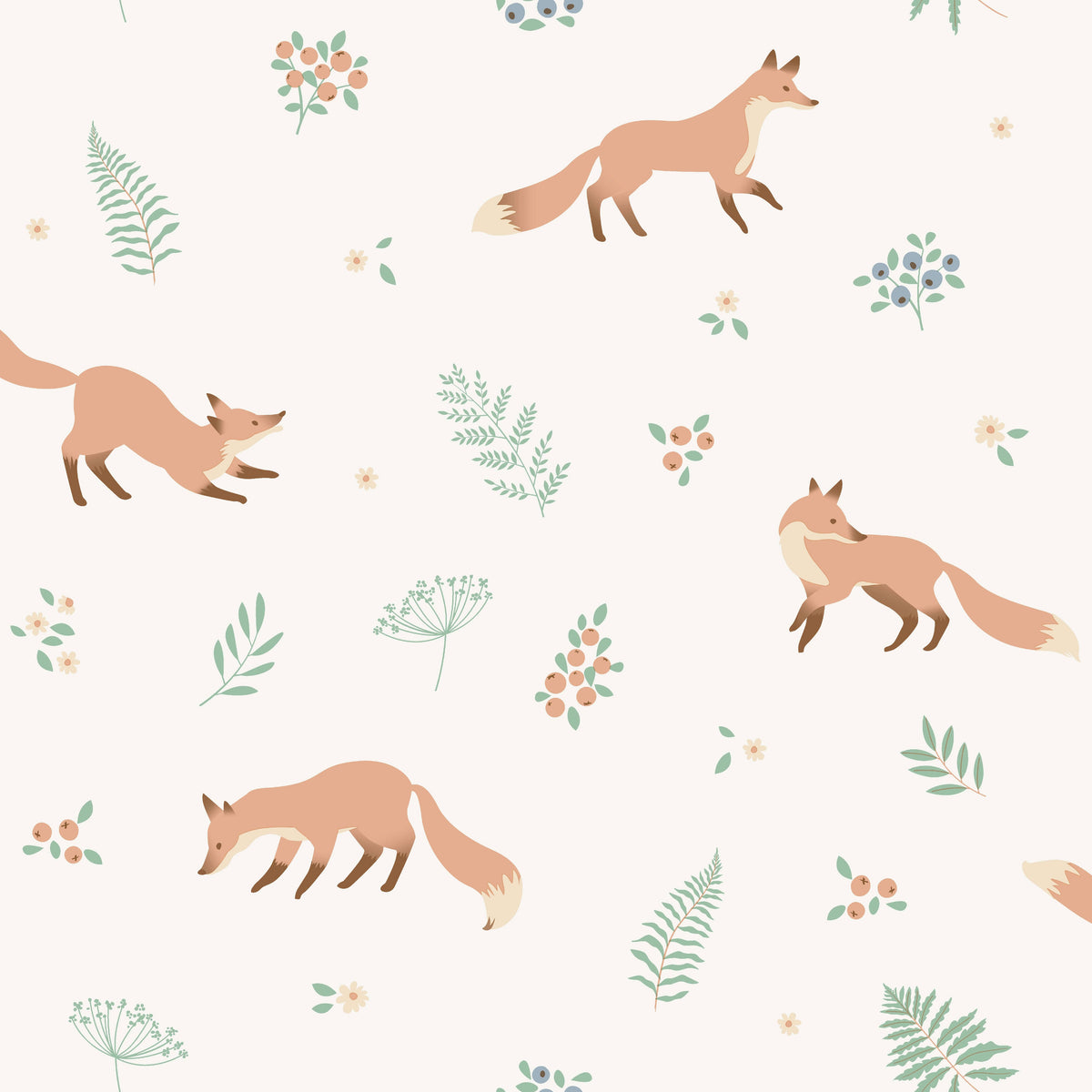 Fox and Fern Wallpaper - White pattern