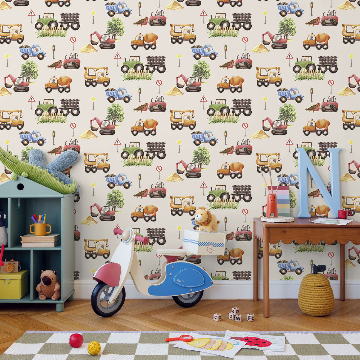Little Builders Wallpaper - Beige room view