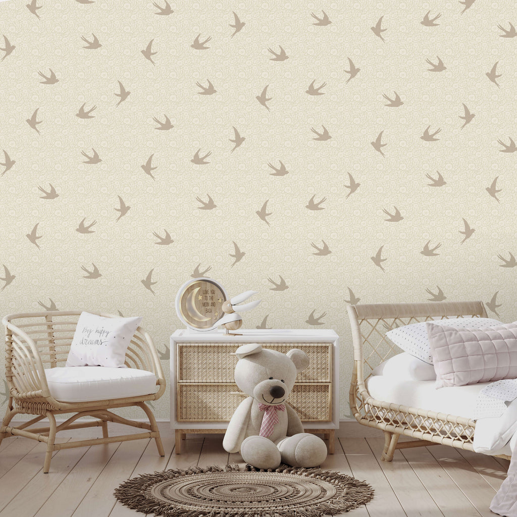 Sparrow Silhouettes Wallpaper - Beige room view