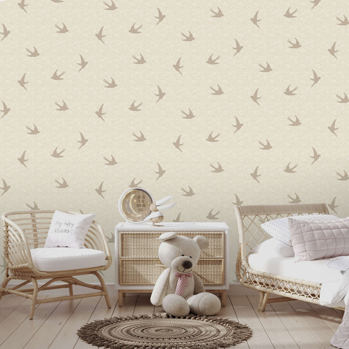 Sparrow Silhouettes Wallpaper - Beige room view
