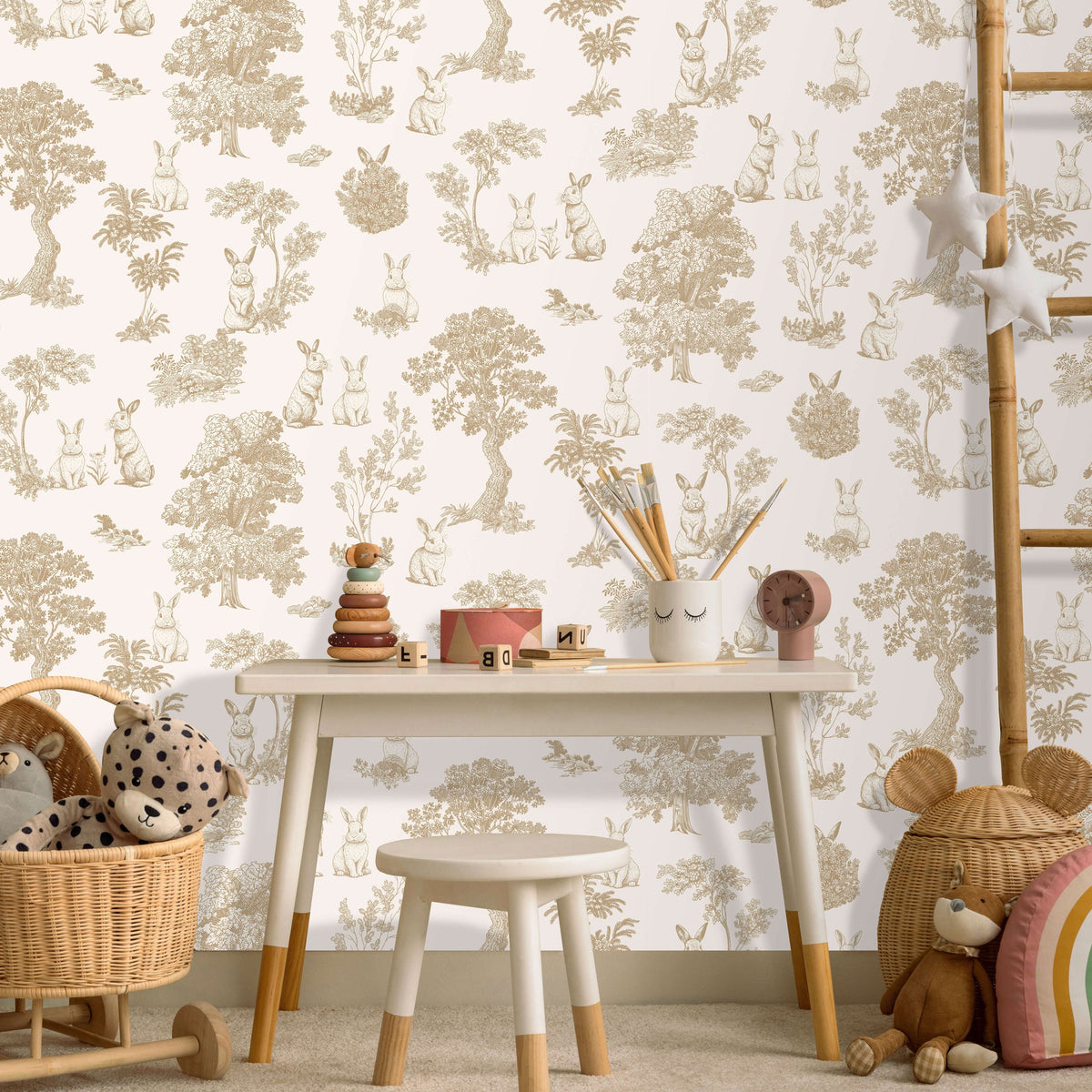 Cottontails Bunny Toile Wallpaper - Beige room view