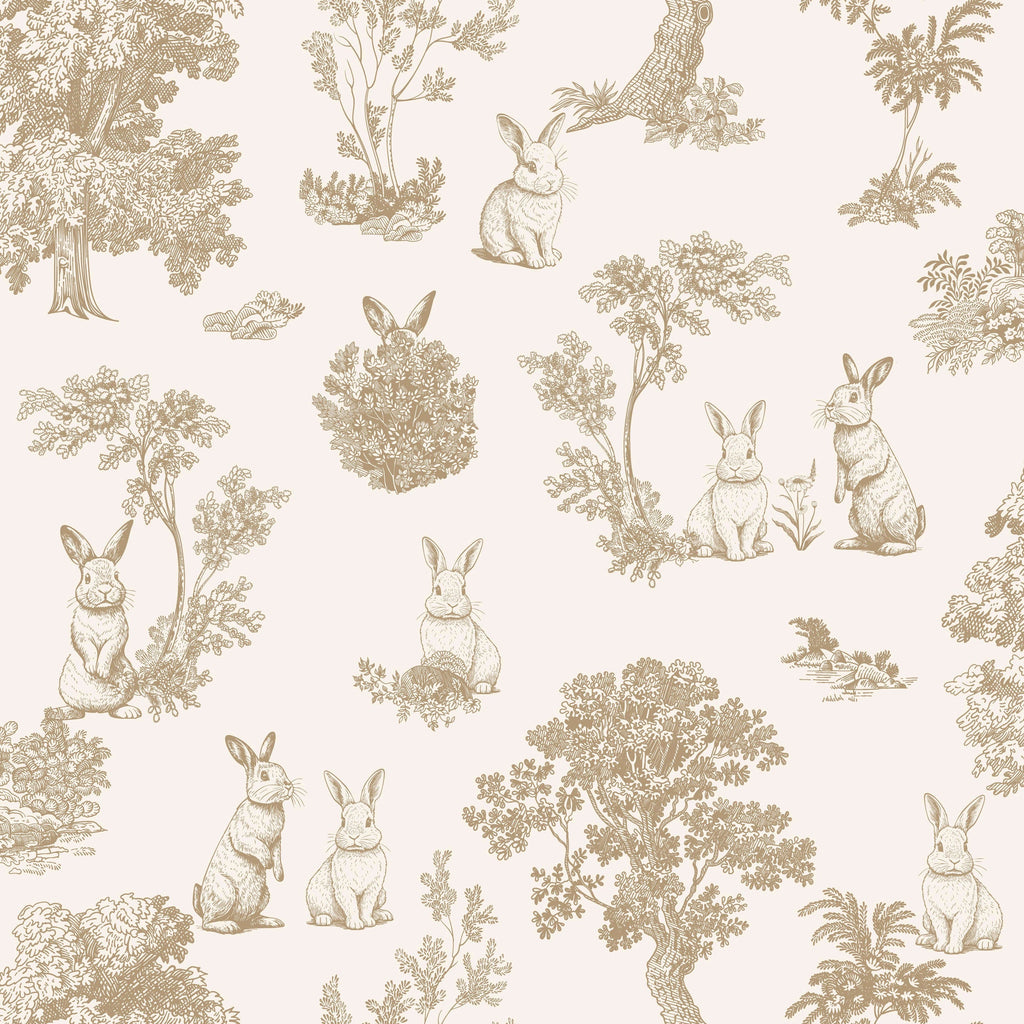 Cottontails Bunny Toile Wallpaper - Beige pattern