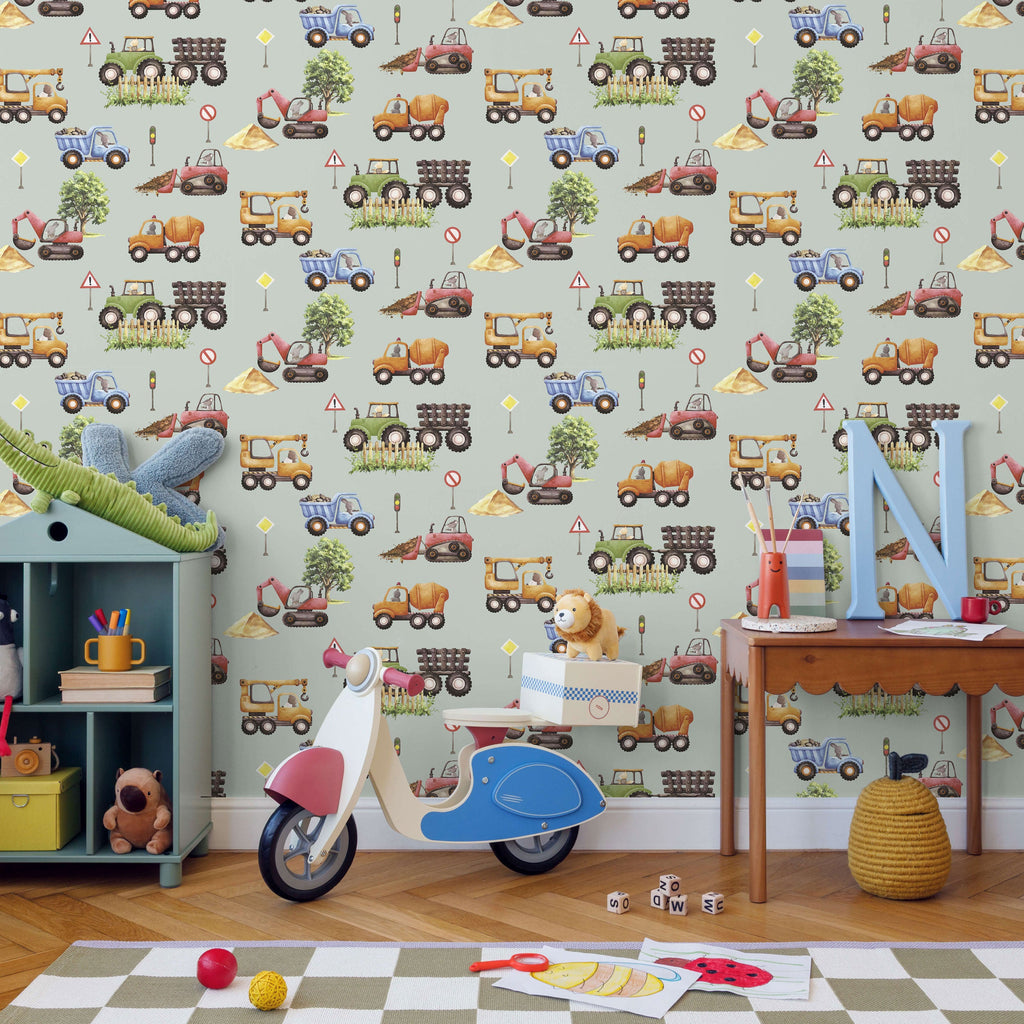 Little Builders Wallpaper - Greenish Grey room view