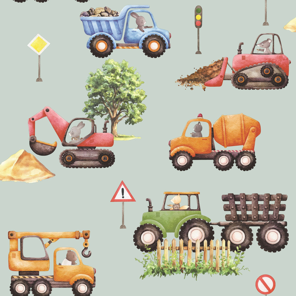Little Builders Wallpaper - Greenish Grey pattern