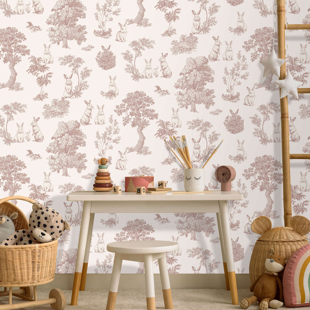 Cottontails Bunny Toile Wallpaper - Red room view