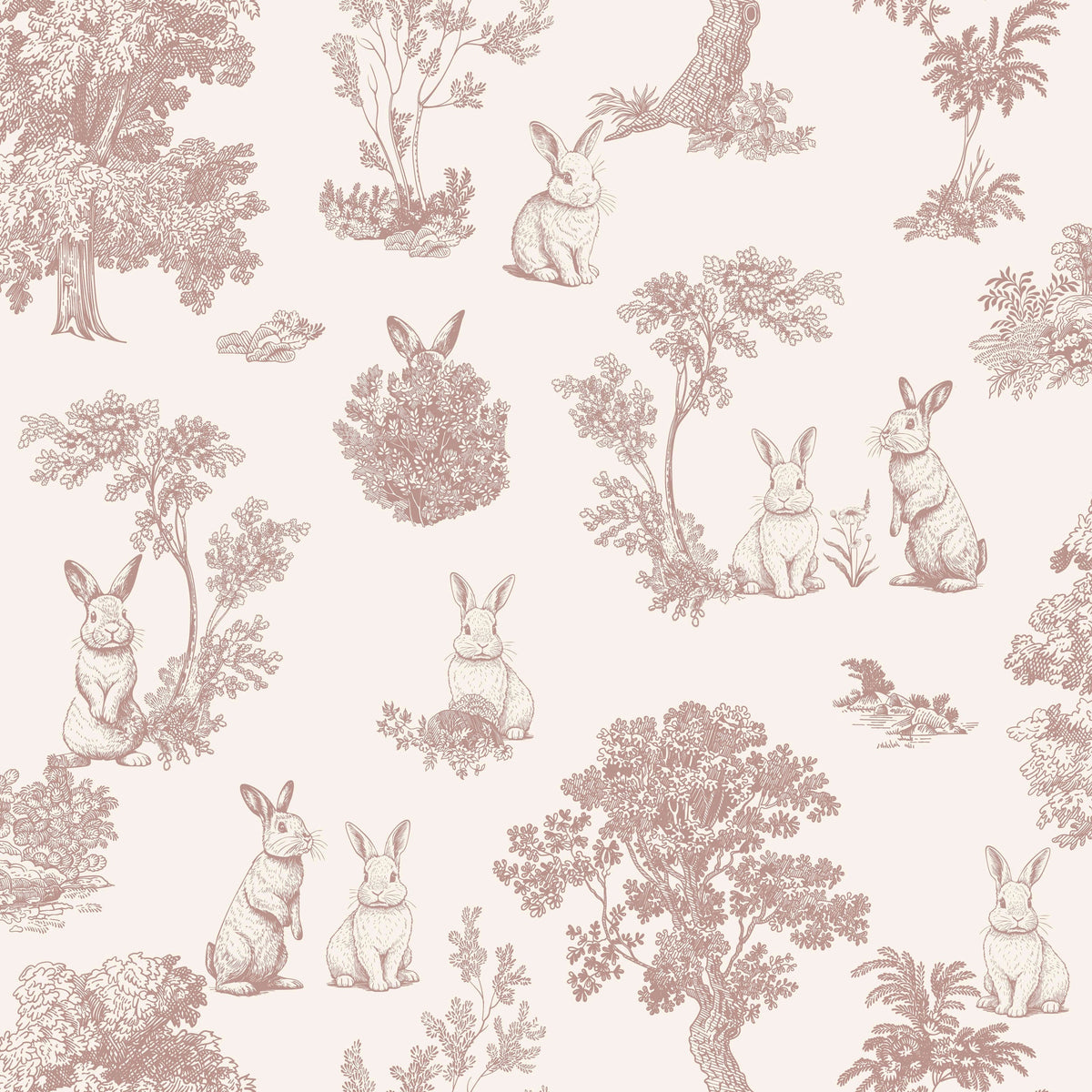 Cottontails Bunny Toile Wallpaper - Red pattern