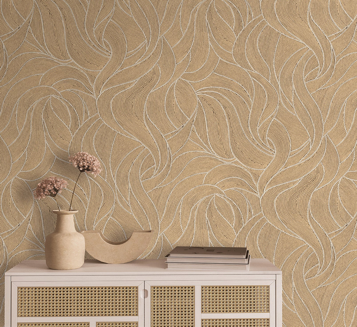 Woven Drift Wallpaper - Latté room view