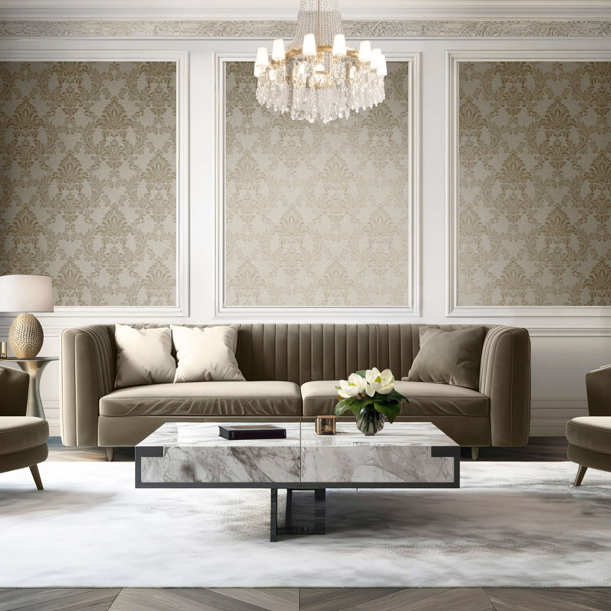 Venezia Damask Wallpaper - Beige room view