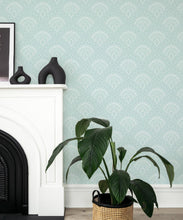 Load image into Gallery viewer, Retro Peacock Wallpaper • Art Deco • Light Blue • Insitu