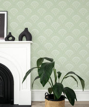 Load image into Gallery viewer, Retro Peacock Wallpaper • Art Deco • Green • Insitu