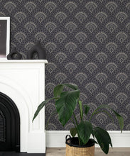 Load image into Gallery viewer, Retro Peacock Wallpaper • Art Deco • Slate • Insitu