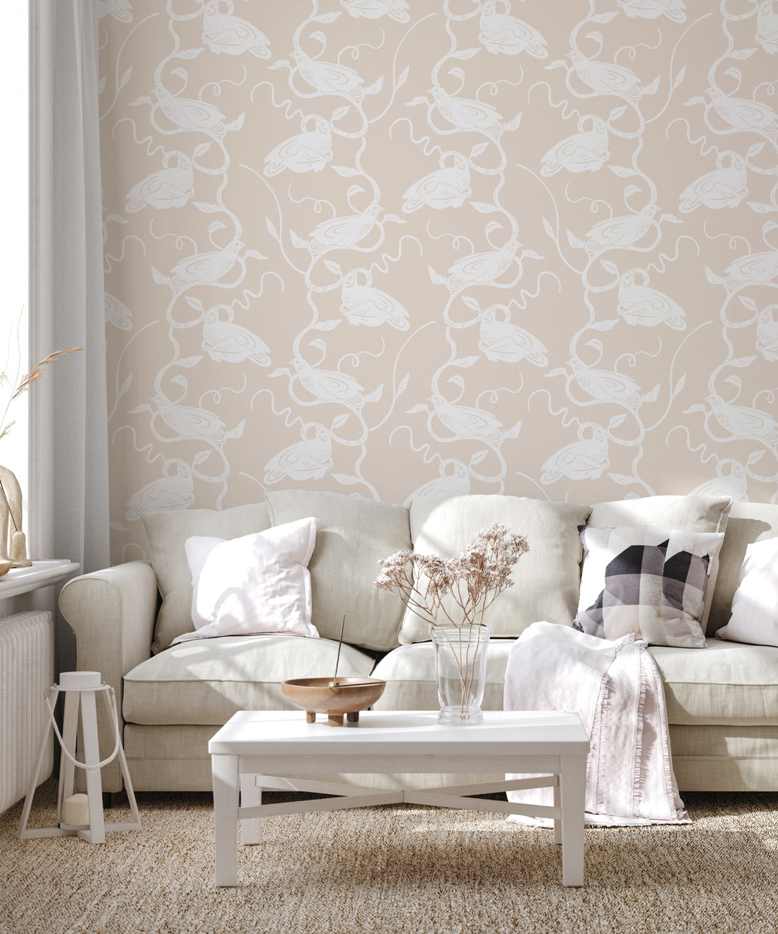 Birds on Vines Wallpaper • Beige • Insitu