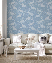 Load image into Gallery viewer, Birds on Vines Wallpaper • Blue • Insitu