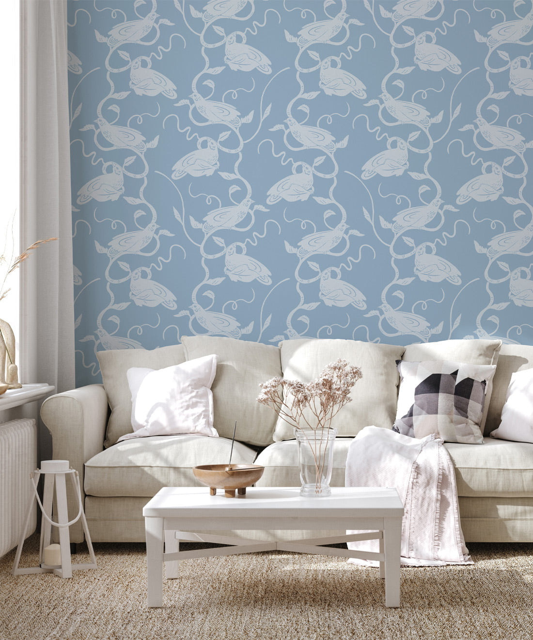 Birds on Vines Wallpaper • Blue • Insitu