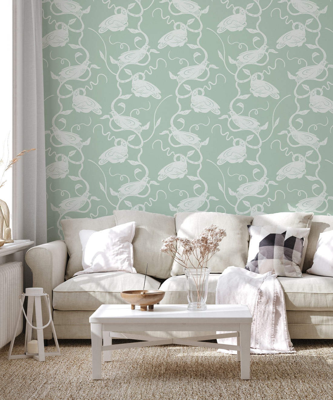 Birds on Vines Wallpaper • Olive • Insitu