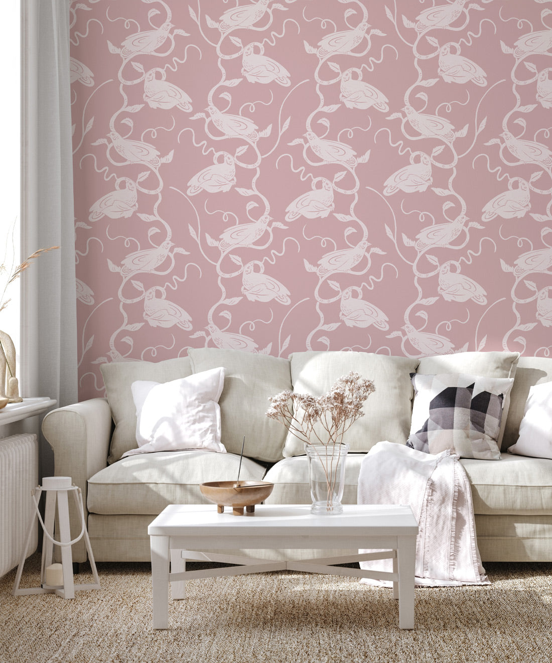 Birds on Vines Wallpaper • Pink • Insitu