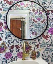 Load image into Gallery viewer, Playful Tiger Wallpaper • White • Powder Room Installation by Mallory Brame with circular black framed mirror