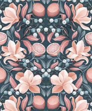 Load image into Gallery viewer, Lemons &amp; Magnolia Wallpaper • Slate Blue &amp; Peach • Swatch