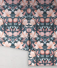 Load image into Gallery viewer, Lemons &amp; Magnolia Wallpaper • Slate Blue &amp; Peach • Rolls