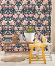 Load image into Gallery viewer, Lemons &amp; Magnolia Wallpaper • Slate Blue &amp; Peach • Insitu