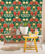 Load image into Gallery viewer, Lemons &amp; Magnolia Wallpaper • Scarlet &amp; Forest Green • Insitu