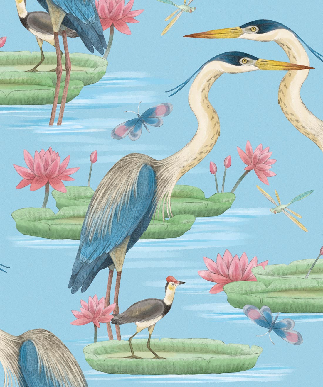 Heron Jacana Giant Lillypad Wallpaper • Blue Sky • Swatch