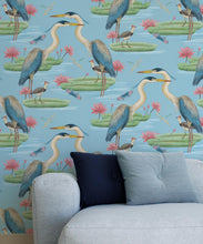 Load image into Gallery viewer, Heron Jacana Giant Lillypad Wallpaper • Blue Sky • Insitu