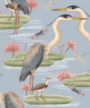 Load image into Gallery viewer, Heron Jacana Giant Lillypad Wallpaper • Muted Blue • Swatch