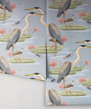 Load image into Gallery viewer, Heron Jacana Giant Lillypad Wallpaper • Muted Blue • Rolls