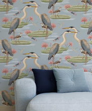 Load image into Gallery viewer, Heron Jacana Giant Lillypad Wallpaper • Muted Blue • Insitu