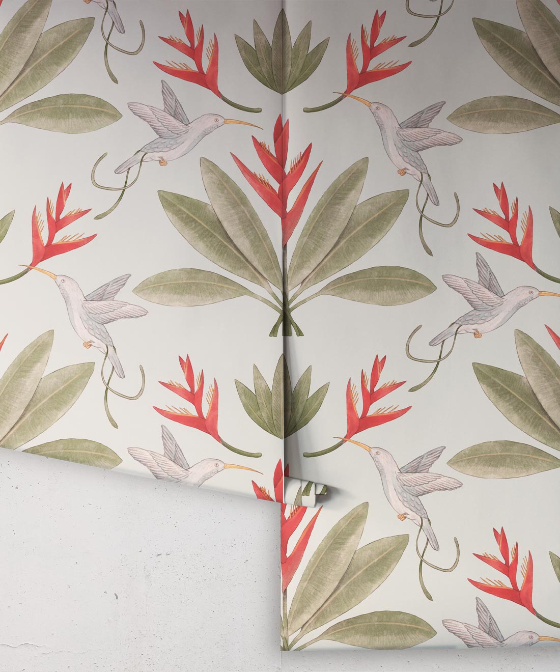 Hummingbirds & Heliconias Wallpaper • Allira Tee • Bird Wallpaper • Beige • Rolls