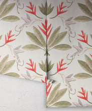 Load image into Gallery viewer, Hummingbirds &amp; Heliconias Wallpaper • Allira Tee • Bird Wallpaper • Beige • Rolls