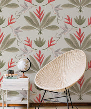 Load image into Gallery viewer, Hummingbirds &amp; Heliconias Wallpaper • Allira Tee • Bird Wallpaper • Beige • Insitu