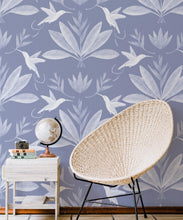 Load image into Gallery viewer, Hummingbirds &amp; Heliconias Wallpaper • Allira Tee • Bird Wallpaper • Blue • Insitu