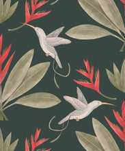 Load image into Gallery viewer, Hummingbirds &amp; Heliconias Wallpaper • Allira Tee • Bird Wallpaper • Forest Green • Swatch