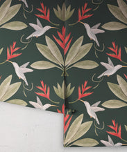 Load image into Gallery viewer, Hummingbirds &amp; Heliconias Wallpaper • Allira Tee • Bird Wallpaper • Forest Green • Rolls