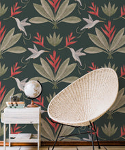 Load image into Gallery viewer, Hummingbirds &amp; Heliconias Wallpaper • Allira Tee • Bird Wallpaper • Forest Green • Insitu