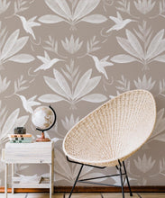 Load image into Gallery viewer, Hummingbirds &amp; Heliconias Wallpaper • Allira Tee • Bird Wallpaper • Sand • Insitu