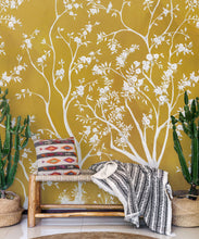 Load image into Gallery viewer, Blooming Joy • Chinoiserie Wallpaper by Danica Andler • Mustard Insitu