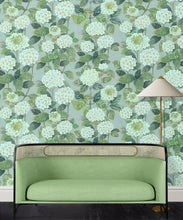 Load image into Gallery viewer, Hydrangea Garden Wallpaper • Aqua • Insitu
