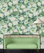 Load image into Gallery viewer, Hydrangea Garden Wallpaper • Blue &amp; White • Insitu