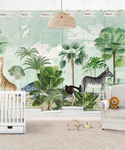 Load image into Gallery viewer, Safari Mural • Bethany Linz • Animal Mural • Childrens Mural • Kids Mural with giraffe, zebra, ostrich • tropical mural • panels