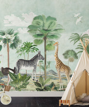 Load image into Gallery viewer, Safari Mural • Bethany Linz • Animal Mural • Childrens Mural • Kids Mural with giraffe, zebra, ostrich • tropical mural • Insitu