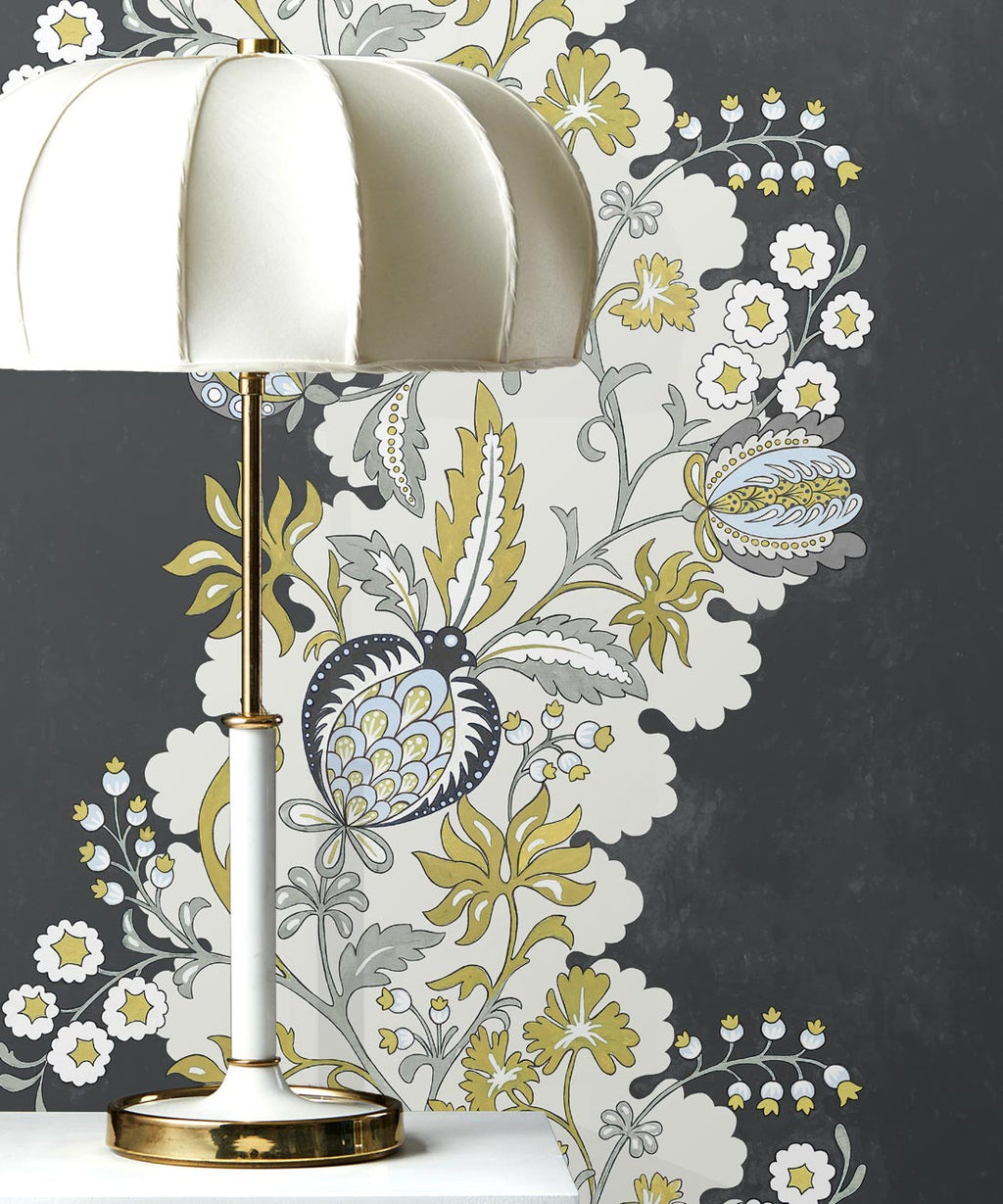 Pomegranate Wallpaper • Charcoal • with Lamp