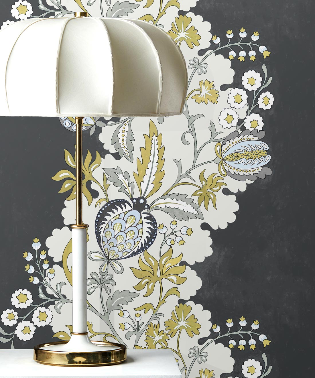Pomegranate Wallpaper • Charcoal • with Lamp